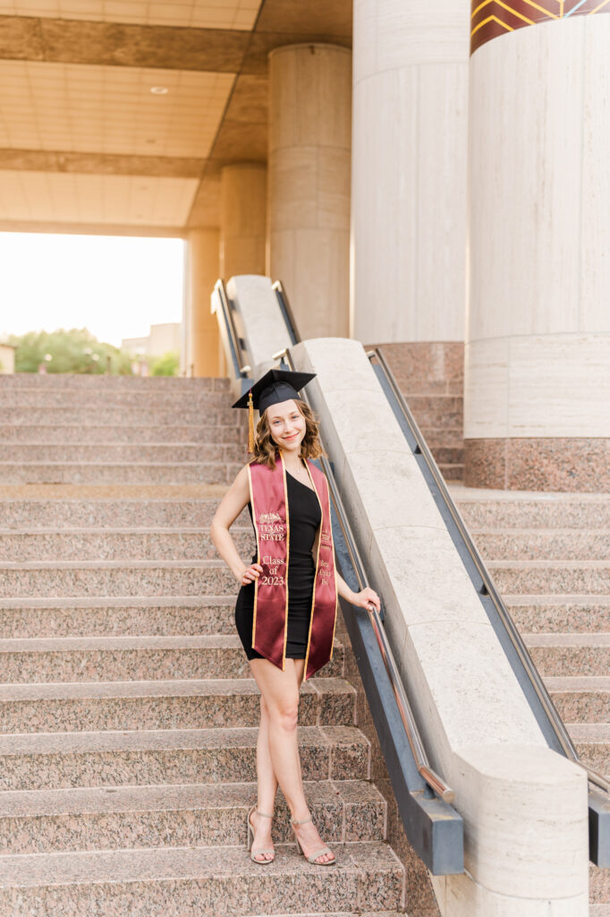 Texas State Graduation photos at Alkek stairs