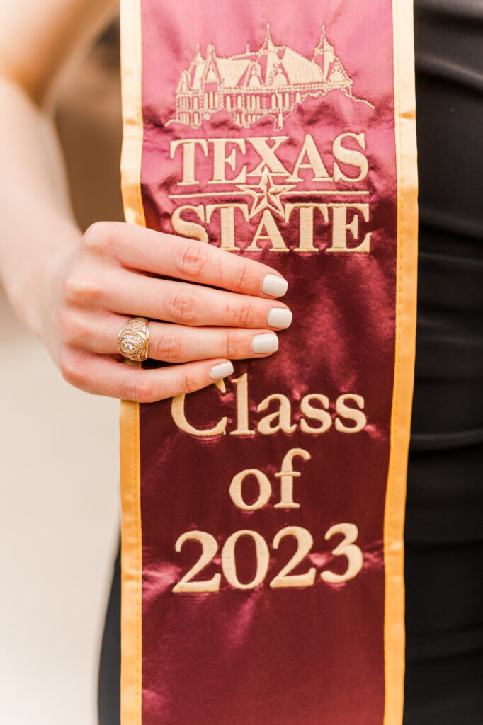 Class ring and stole, Texas State graduation photos 