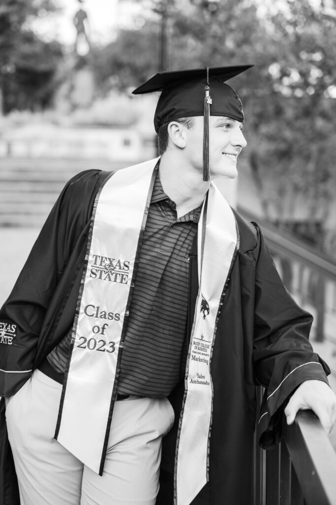 Black and White image by Old Main for his Texas State University Portraits