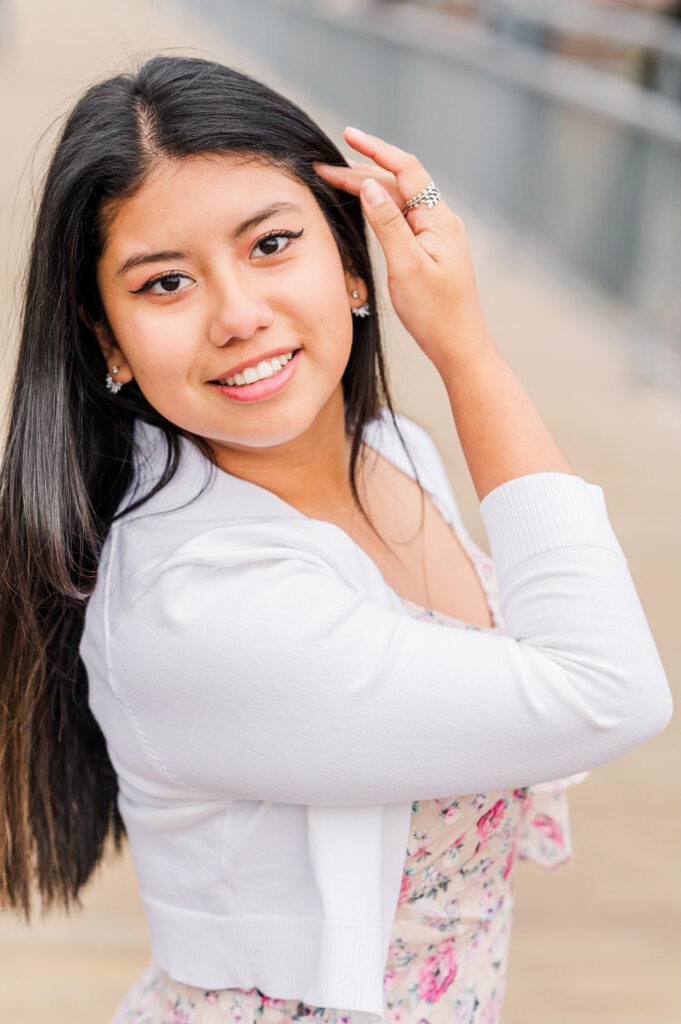 Close up of senior during her Faust Street Bridge Session 