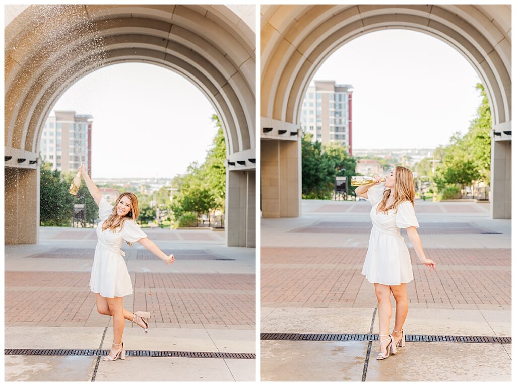 Texas State University  graduation champagne photo at the arch