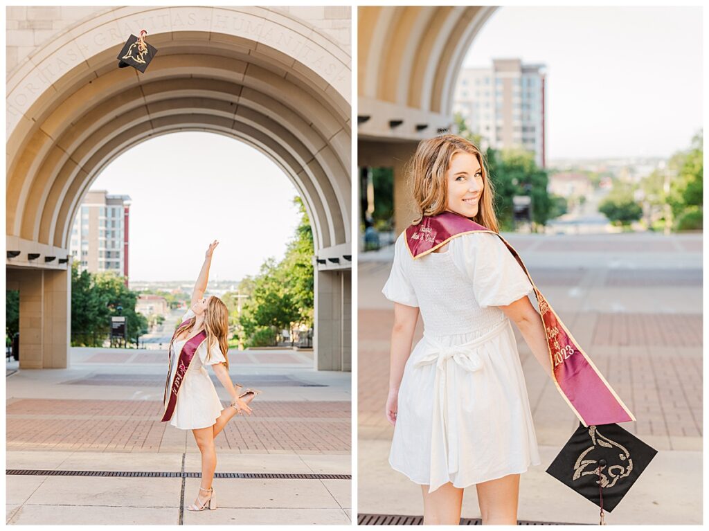 Texas State University  graduation photo at the arch